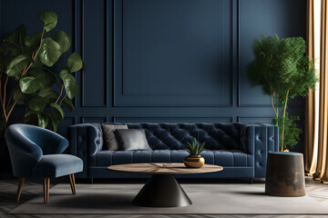 ivingroom in trend viva navy grey wall background mockup with furniture and decor generative ai