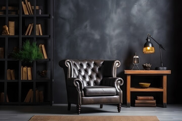 Style loft interior with leather armchair on dark cement wall  generative ai