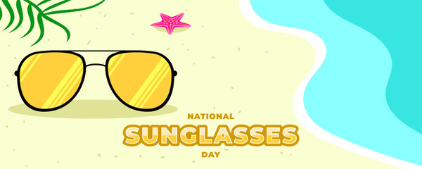 National Sunglasses Day on 27 June Banner Background. Beach Concept with Sun Glasses, Starfish and Palm Leaves. Horizontal Banner Template Design. Vector Illustration