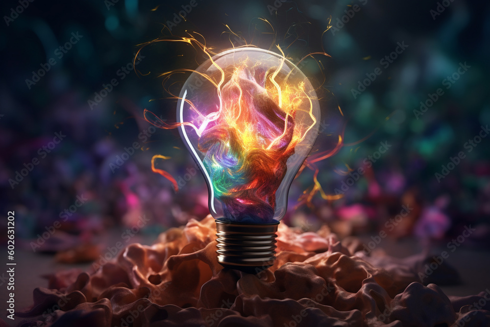 Poster a lightbulb surrounded by a swirling vortex of colorful energy, representing the dynamic and transfo