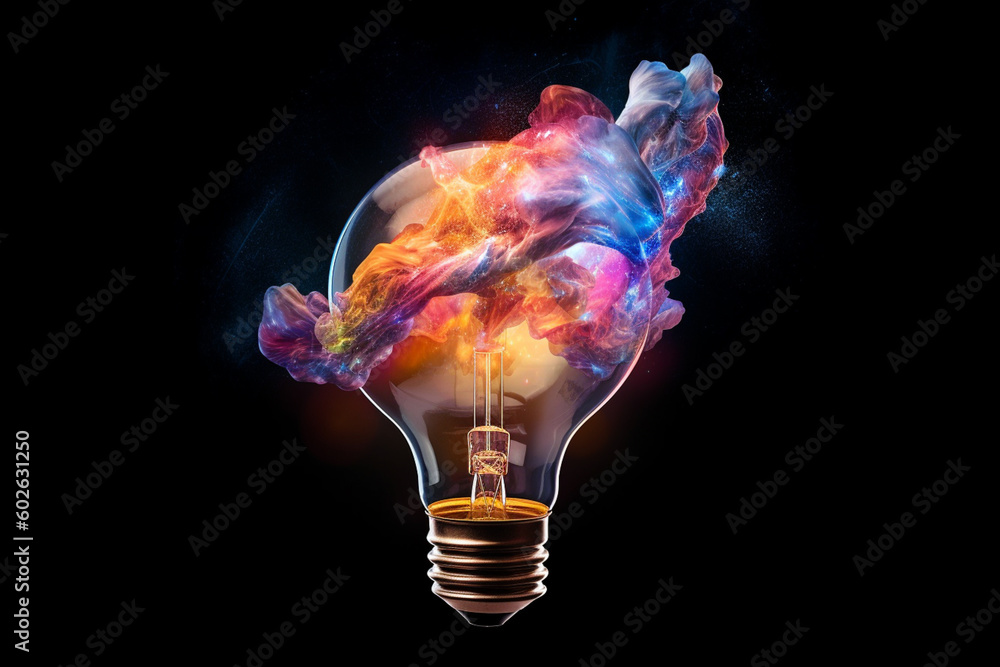 Poster a lightbulb surrounded by a swirling vortex of colorful energy, representing the dynamic and transfo