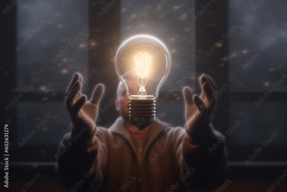 Poster a person with open arms, embracing a floating lightbulb, symbolizing the acceptance and welcome of n