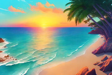 Fototapeta na wymiar Majestic ocean beach sunset palm tree vibrant watercolor landscape created with generative AI technology