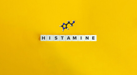 Histamine Word and Ball and Stick Model. Letter Tiles on Yellow Background. Minimal Aesthetics.