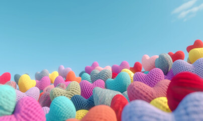 bunte Strickherzen vor blauen Hintergrund, Generative Ai