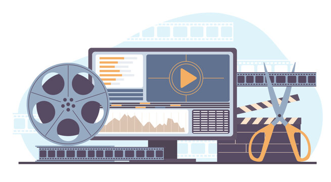 Video editor, creating and editing video sequences. Movie reels, computer programm for redacting filmstrip. Cut cinematography videotape cartoon flat isolated vector editing concept