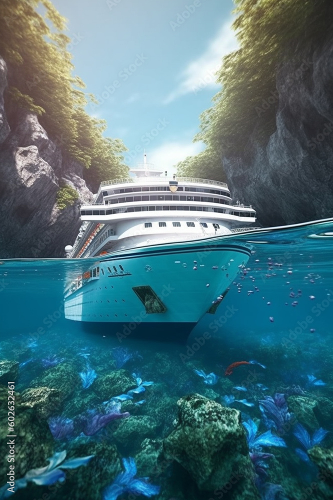 Poster a cruise ship sailing in pristine waters, capturing the allure of cruising and exploring multiple de