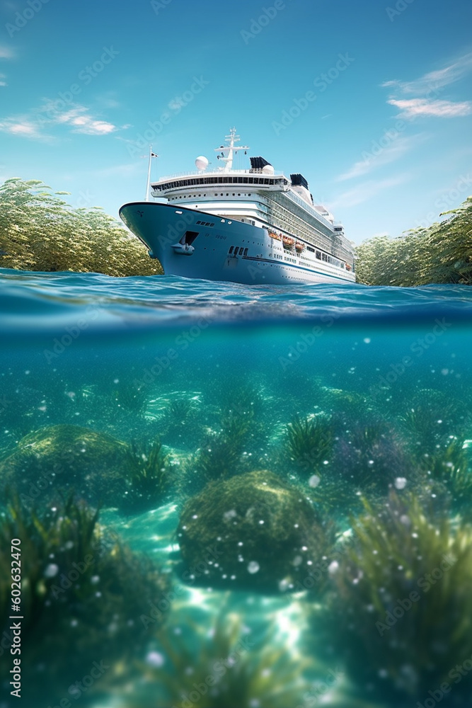 Poster a cruise ship sailing in pristine waters, capturing the allure of cruising and exploring multiple de