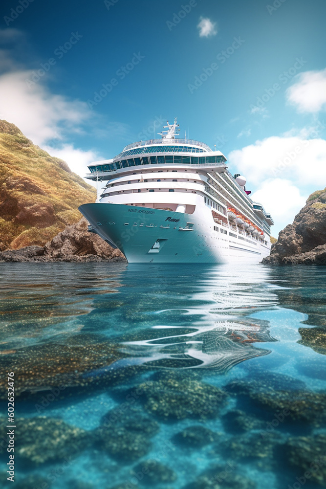 Poster a cruise ship sailing in pristine waters, capturing the allure of cruising and exploring multiple de