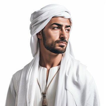 Young handsome Emirati business man in UAE traditional outfit showing a variety of hand gesture. Arabic ambitious mature businessman. Generative AI