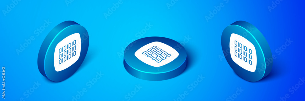 Poster isometric binary code icon isolated on blue background. blue circle button. vector