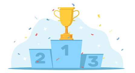 Winners cup, success and achievement. First place prize in competition or tournament, award ceremony, sport match, golden metal goblet cartoon flat isolated illustration. Vector reward concept