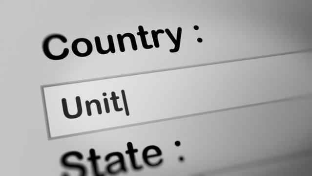 Animation of Someone Typing "United Kingdom" into Country Field ,  Fictitious Data Created Exclusively for This Concept Footage
