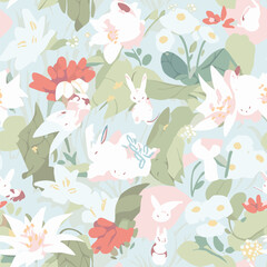 Fototapeta na wymiar Cute kawaii anime abstract flowers and bunny pattern