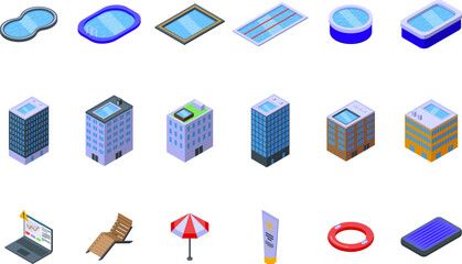 Office swimming pool icons set isometric vector. Work woman. City relax