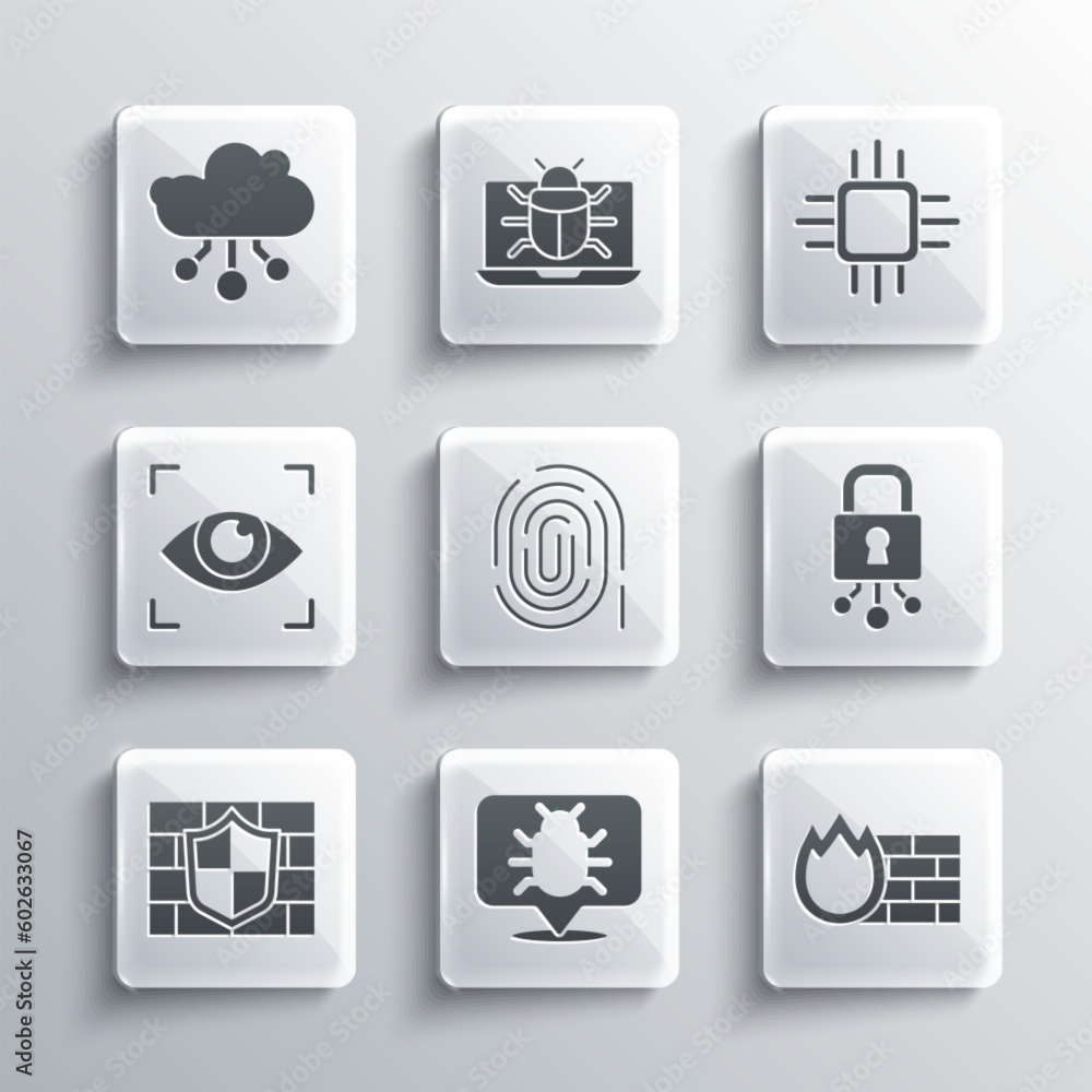 Poster set system bug, firewall, security wall, cyber, fingerprint, shield with brick, eye scan, internet o