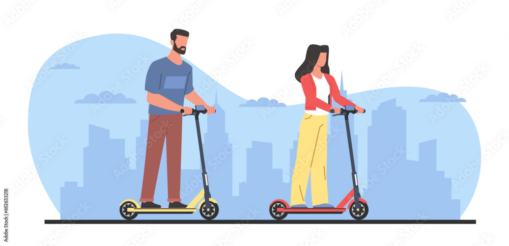 Wall mural Woman and man ride around city on electric scooters and take tour. Modern ways of moving. Electronic vehicle eco-friendly store. Boy and girl cartoon flat isolated vector concept