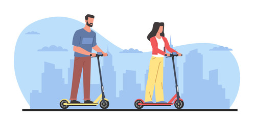 Woman and man ride around city on electric scooters and take tour. Modern ways of moving. Electronic vehicle eco-friendly store. Boy and girl cartoon flat isolated vector concept