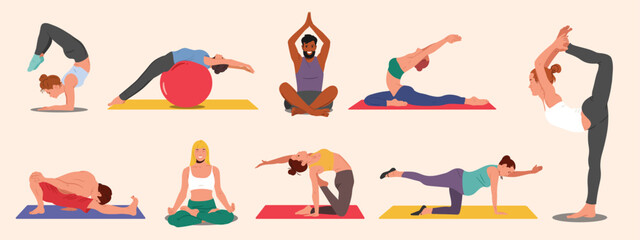 Recruit slim young people doing yoga and fitness. Healthy Lifestyle. A collection of female and male cartoon characters showing various yoga positions, isolated on a white background - vector