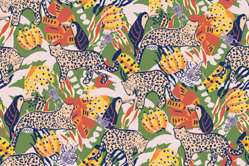 Naklejka premium Saturated wild bright tropical positive cheerful multicolored abstract seamless summer patern. Tropics with palms, bananas, leaves, birds and spots of wild animals, tiger and leopard.