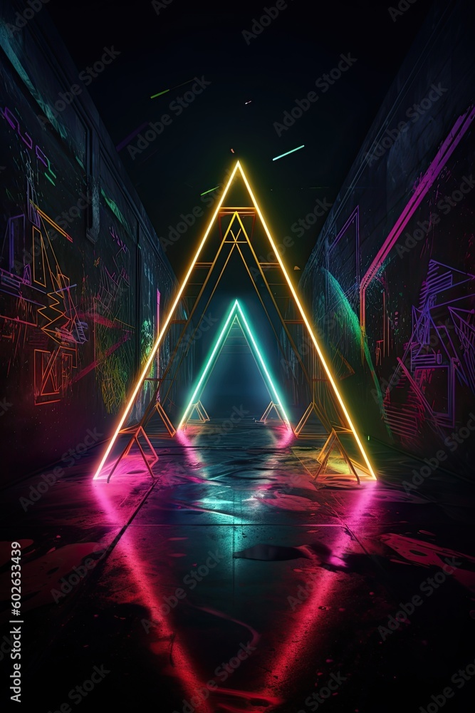 Poster abstract futuristic colorful neon triangle tunnel technological background-ai generated