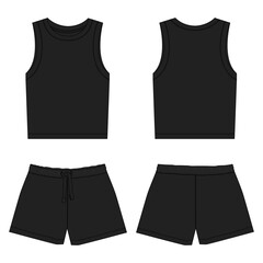Tank tops with shorts pant vector illustration black color template front and back views isolated on white background