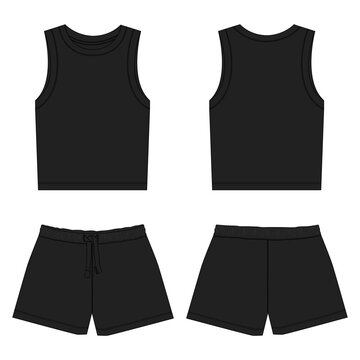Tank tops with shorts pant vector illustration black color template front and back views isolated on white background