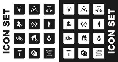 Set Gas mask, Firefighter axe, Burning forest tree, cone bucket, Climber rope, flame triangle, hydrant and burning buildings icon. Vector