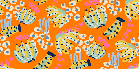 Bright saturated graffiti tropical colorful art pattern with bananas. © taisiyakozorez