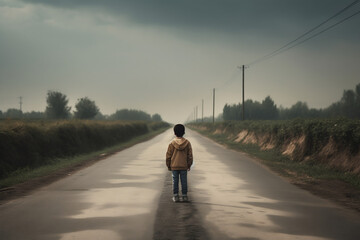 Obraz premium Young boy alone in the middle of a deserted road. Generative AI