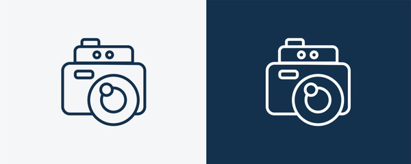 vintage digital camera icon. Outline vintage digital camera icon from technology collection. Linear vector isolated on white and dark blue background. Editable vintage digital camera symbol.