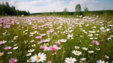 Meadow with lots of white and pink spring daisy flowers and yellow dandelions in sunny day. Summer Yellow Sunflowers, daisy flowers and knapweeds flowers. Flower Border Art. Generative ai
