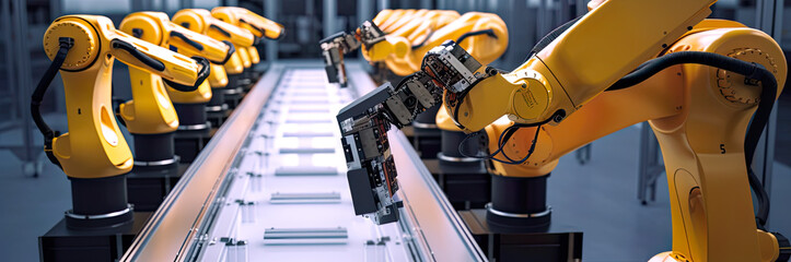 Orange robotic arms working on assembly line building solar panels, generative AI image.