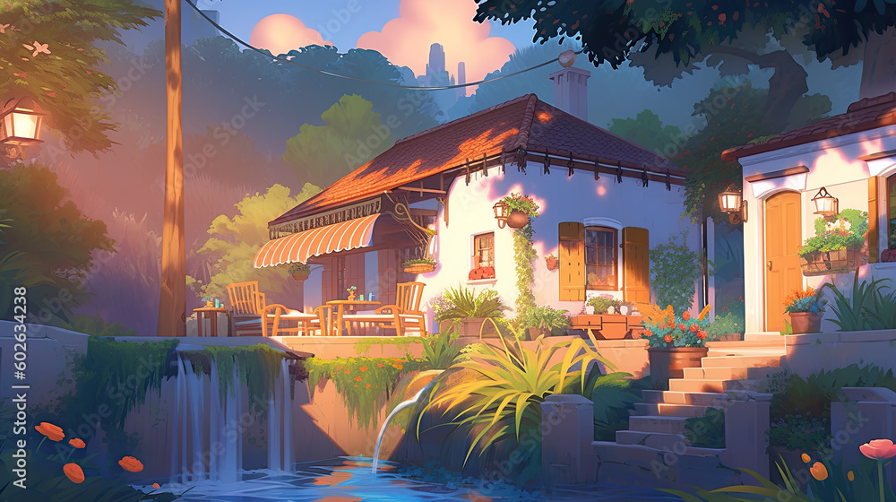 Poster a painting of a house with a waterfall in front of it. generative ai.