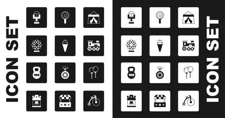 Set Circus tent, Ice cream in waffle cone, Ferris wheel, Attraction carousel, Toy train, Lollipop, Balloons with ribbon and Weight icon. Vector
