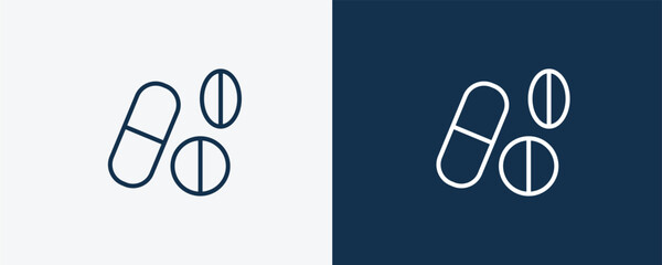 drug pills icon. Outline drug pills icon from medical and healthcare collection. Linear vector isolated on white and dark blue background. Editable drug pills symbol.
