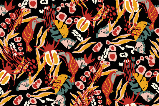 Saturated wild bright tropical positive cheerful multicolored abstract seamless summer patern. Tropics with palms, bananas, leaves, birds and spots of wild animals, tiger and leopard.