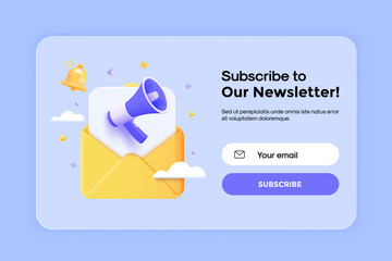 Subscribe to newsletter banner template with letter envelope and megaphone. Email business marketing concept. Subscription to news and promotions. Registration form. Web button mockup. 3D Vector - 602634440