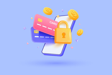 3D Mobile phone with credit cards and padlock. Online payment protection. Keeping money safe. Locked bank card. Cartoon creative design icon isolated on blue background. 3D Vector illustration - 602634444