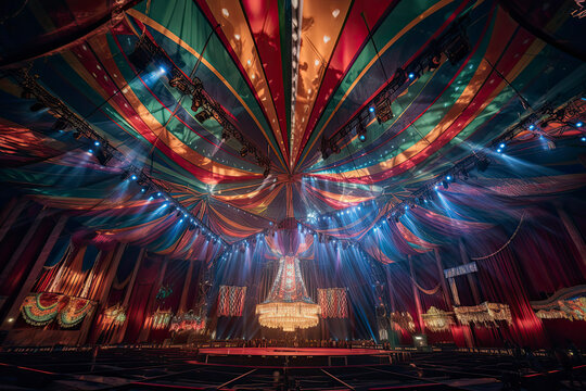 Image from inside a large circus illuminated by beautiful lights in its most incredible presentation