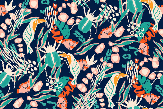 Saturated wild bright tropical positive cheerful multicolored abstract seamless summer patern. Tropics with palms, bananas, leaves, birds and spots of wild animals, tiger and leopard.