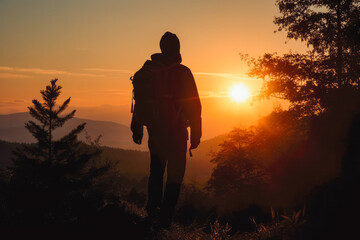 Hiker silhouette sun in the back. Sunset lighting photo of hiker looking in to distance. Generative AI