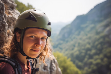 Woman on via ferrata. Happy sporty and active girl climbing with helmet and backpack. Beautiful views in background. Generative AI