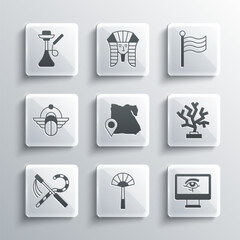Set Egyptian fan, Eye of Horus on monitor, Coral, Map, Crook and flail, Scarab, Hookah and Flag Of icon. Vector