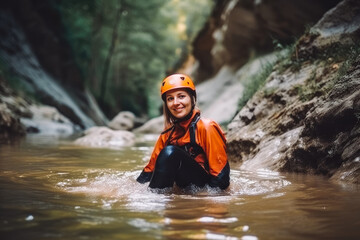 Happy woman standing in river wearing a helmet for safety. Woman hiking across river in rainy forest. Generative AI
