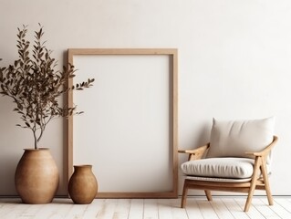 Rustic Living Room with Plain White Mockup Frame: Organic Forms, Muted Tones, Mesoamerican Elements, Gray and Beige, Paris Vignettes, Rich Layers, Expansive, Created by Generative AI