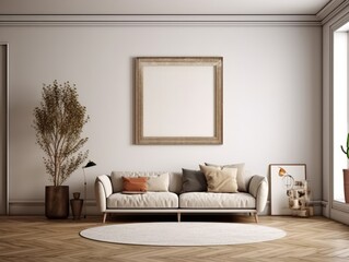 Mockup Frame in Living Room with Wooden Floor: Mesoamerican Influences, Gray and Beige Muted Tones, Vignettes of Paris, Richly Layered Rustic Naturalism, Expansive, Created by Generative AI