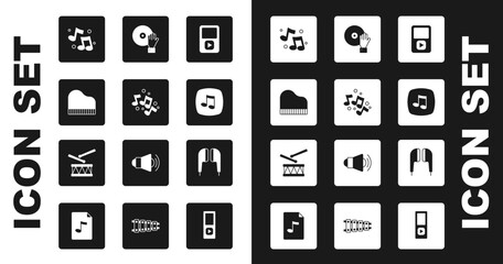 Set Music player, note, tone, Grand piano, DJ playing music, Air headphones and Drum with drum sticks icon. Vector