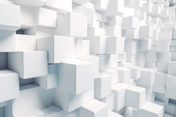 Fototapeta na wymiar Random shifted white cube boxes block background. White abstract cubes background. Generative AI