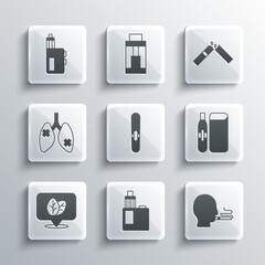 Set Vape mod device, Man smoking cigarette, Electronic, Cigar, Tobacco leaf, Disease lungs, and Broken icon. Vector